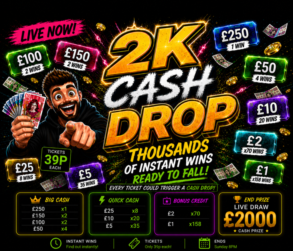 🔥 CASH DROP – OVER £2K TO WIN! 💸 HUNDREDS OF INSTANT WINS + £250 LIVE DRAW! 0.39p