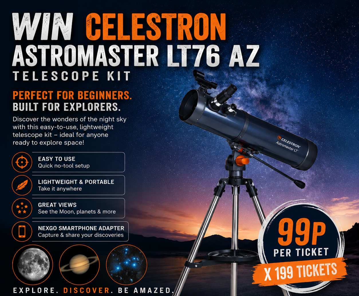 🌙 Explore the Night Sky with the Celestron AstroMaster LT76 AZ Telescope Kit! 🔭99P PER TICKET