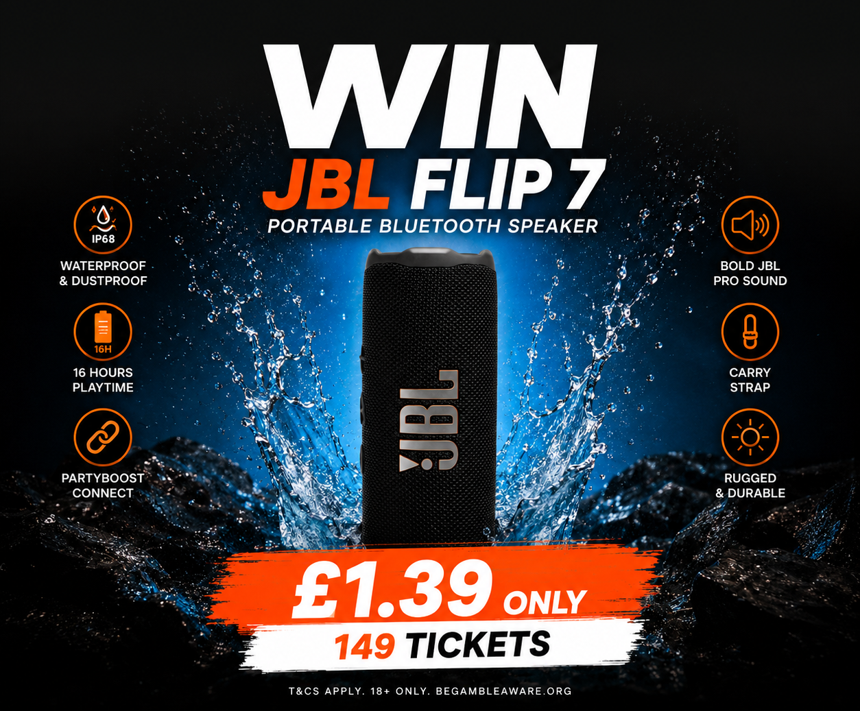 🎵 WIN a JBL Flip 7 Portable Bluetooth Speaker – Only £1.39 | 149 Tickets Available! 🎵
