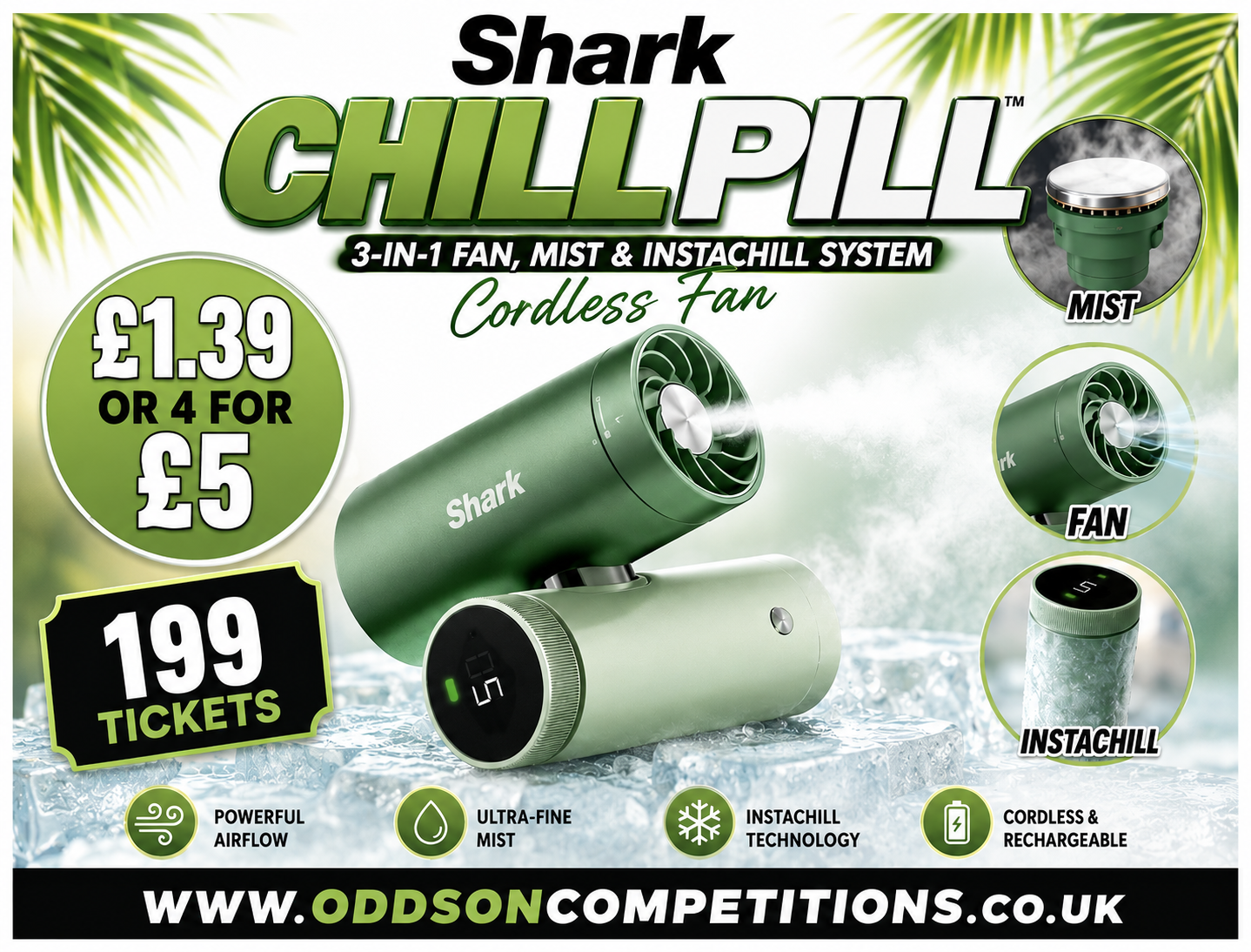 Shark CHILLPILL™ 3-in-1 Cordless Fan, Mist & InstaChill System – Only 199 Tickets!