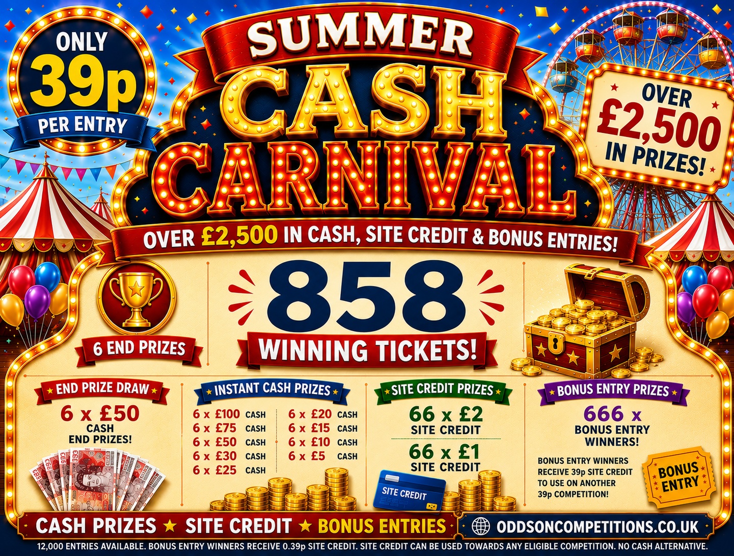 🎪 Summer Cash Carnival – Win Cash Instant Wins, Site Credits & Bonus Entries! + 6 x £100 End Prizes